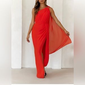 Women’s long flowing one sleeve evening gown, red/orange size small